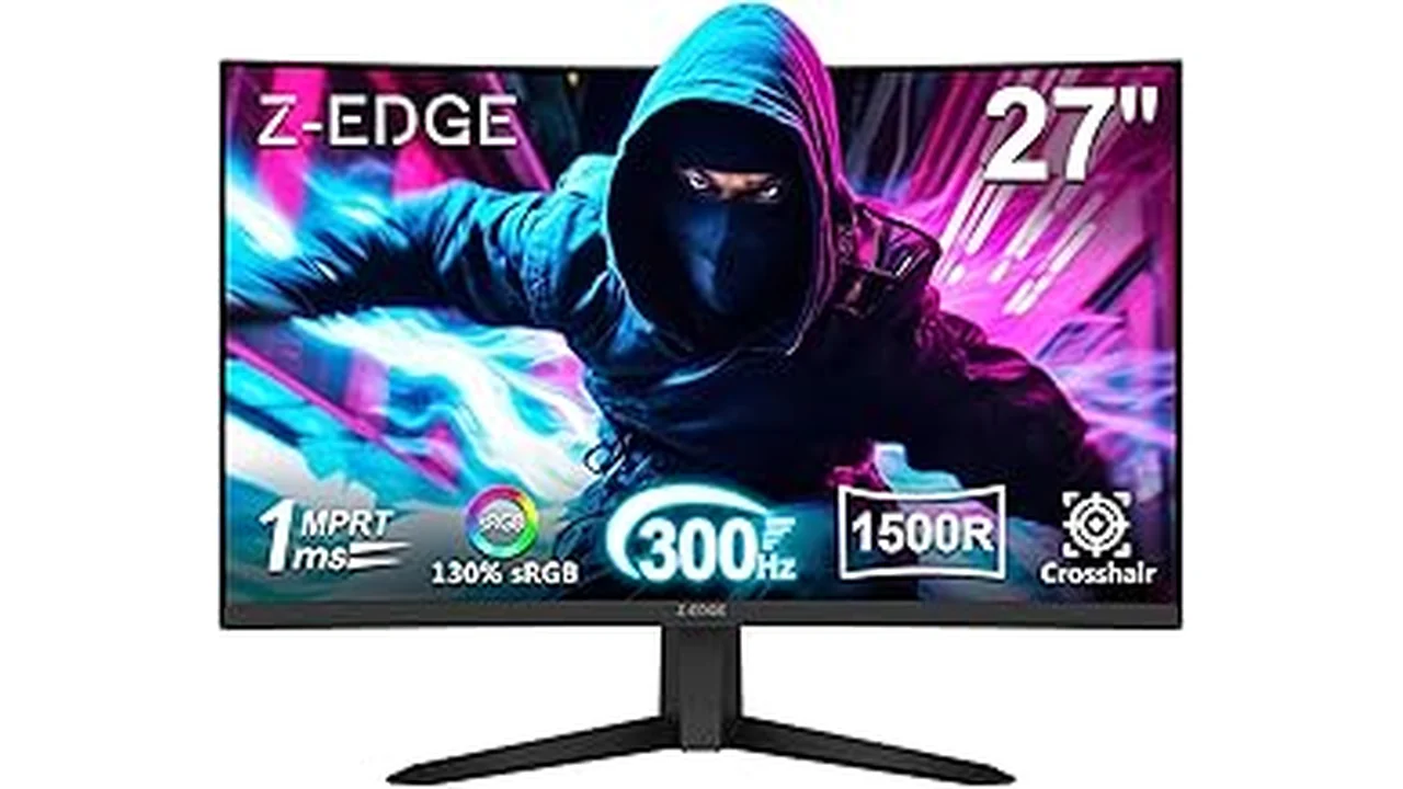 The image shows a sleek, curved gaming monitor displaying vibrant game graphics, perfect for competitive console play.